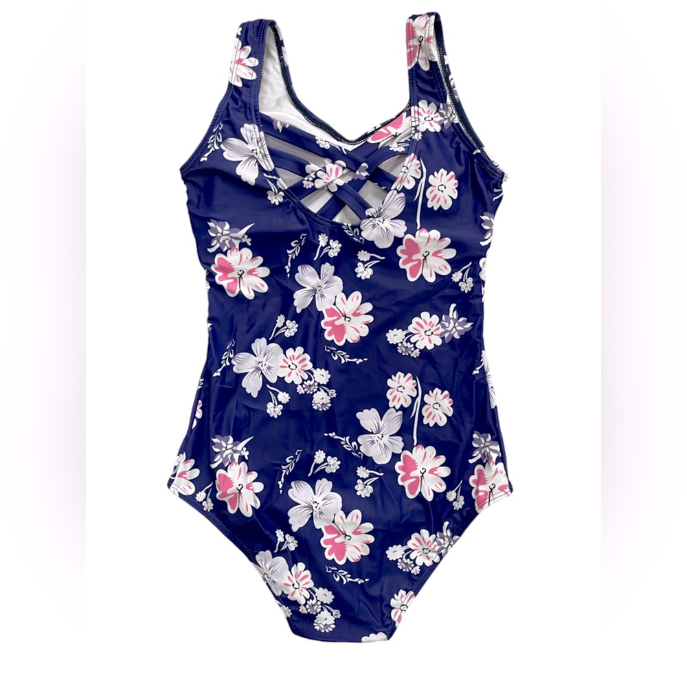 Women’s One Piece Swimsuit, Navy Color with Flower Print, Size S (2-4) - Picture 1 of 5